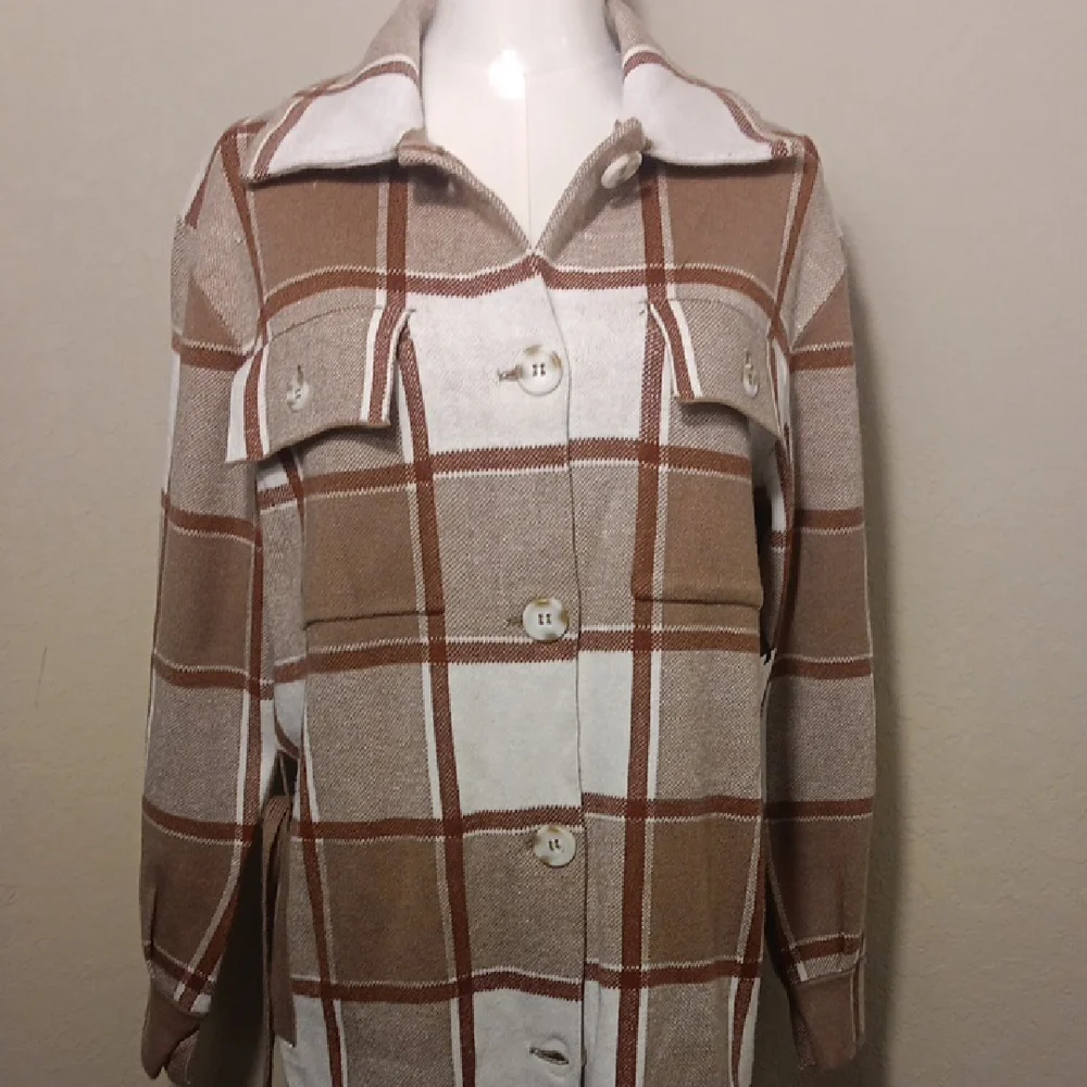 NWT Cupcakes & Cashmere Caramel Plaid Belted Shacket Coat Small